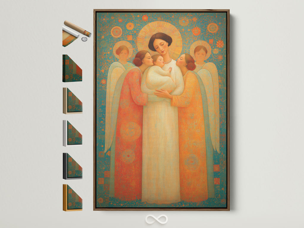 A serene angel family artwork is displayed in a brown frame. Various frame options are neatly arranged beside it. The art brings a touch of spirituality to any room. The artwork is a blend of bohemian and eclectic styles. Perfect religious wall art for a nursery or meditation space. Discover the beauty of sacred art prints.