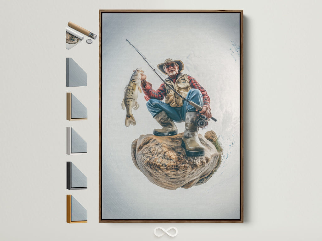 A framed artwork showcasing a fisherman with his catch adorns a wall. The artwork is displayed with various frame options beside it. Explore framing choices to enhance your artwork. Select the perfect frame to complement your style.