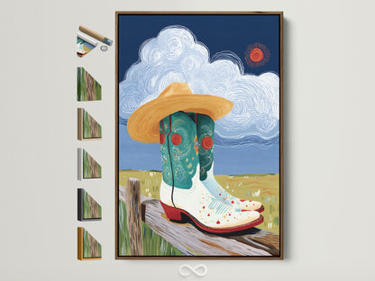 Cowgirl Boots art in a brown frame. Various frame options are displayed. Perfect western wall art for a countrycore aesthetic. Add rustic farmhouse decor to your entryway with this art.