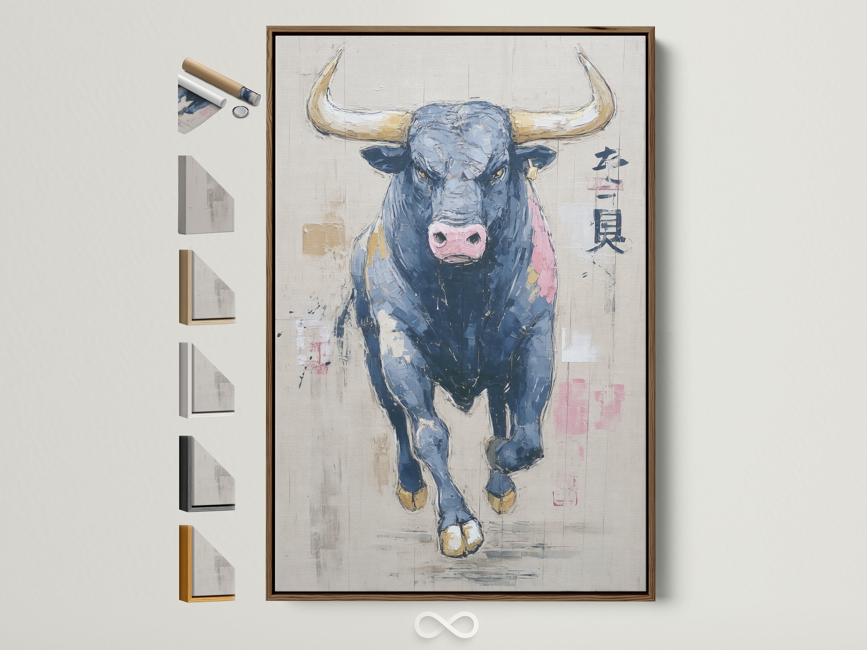 Framed bull art on a wall. This abstract animal wall art features a modern farmhouse decor style. It is perfect for a study room. The artwork has a brown frame. See all available frame options.