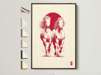 Artwork featuring two white horses running in front of a red sun. The art piece is displayed in a brown frame. All frame options are visible on the side. This showcases the versatility of frame choices for this artwork.