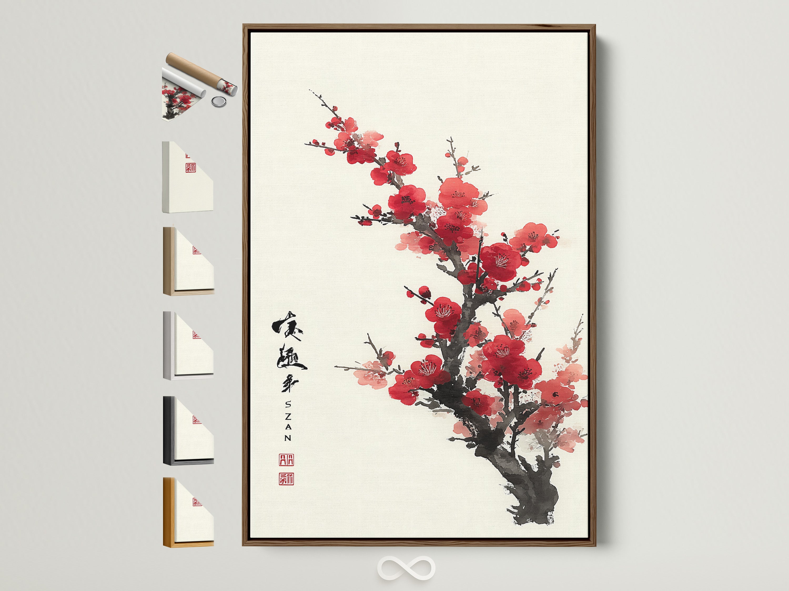 Artwork featuring red blossoms in a brown frame. The frame has multiple frame options displayed on the side. Enhance your space with beautiful framed art. This piece adds a touch of elegance to any room. Explore our range of framing choices for the perfect match.