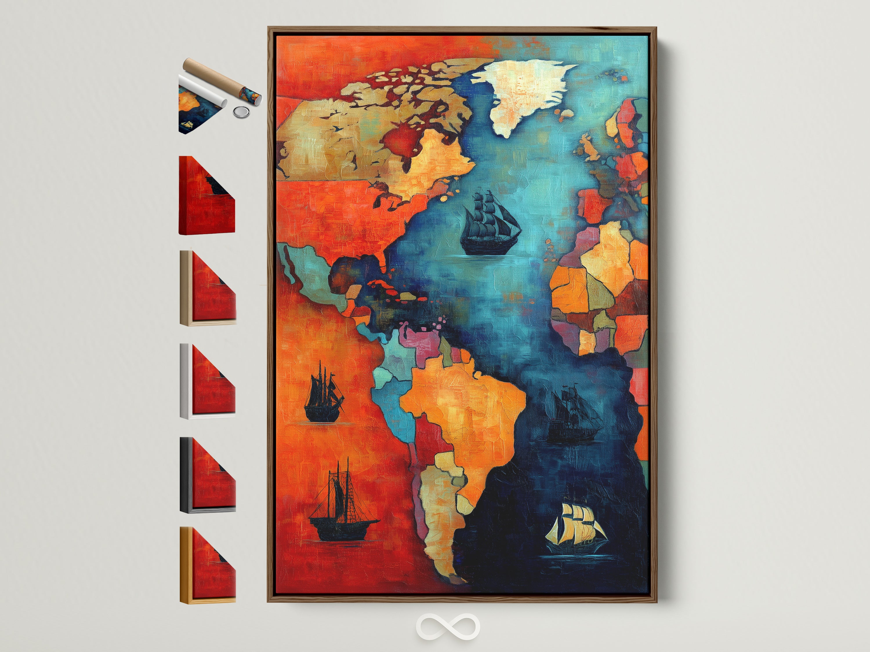 A vintage world map artwork is displayed in a brown frame. The artwork features nautical charts and ships. Explore frame options on the side. This teal and coral artwork adds character to any space. Perfect nautical wall decor for your home or office. A great gift for the traveler in your life.