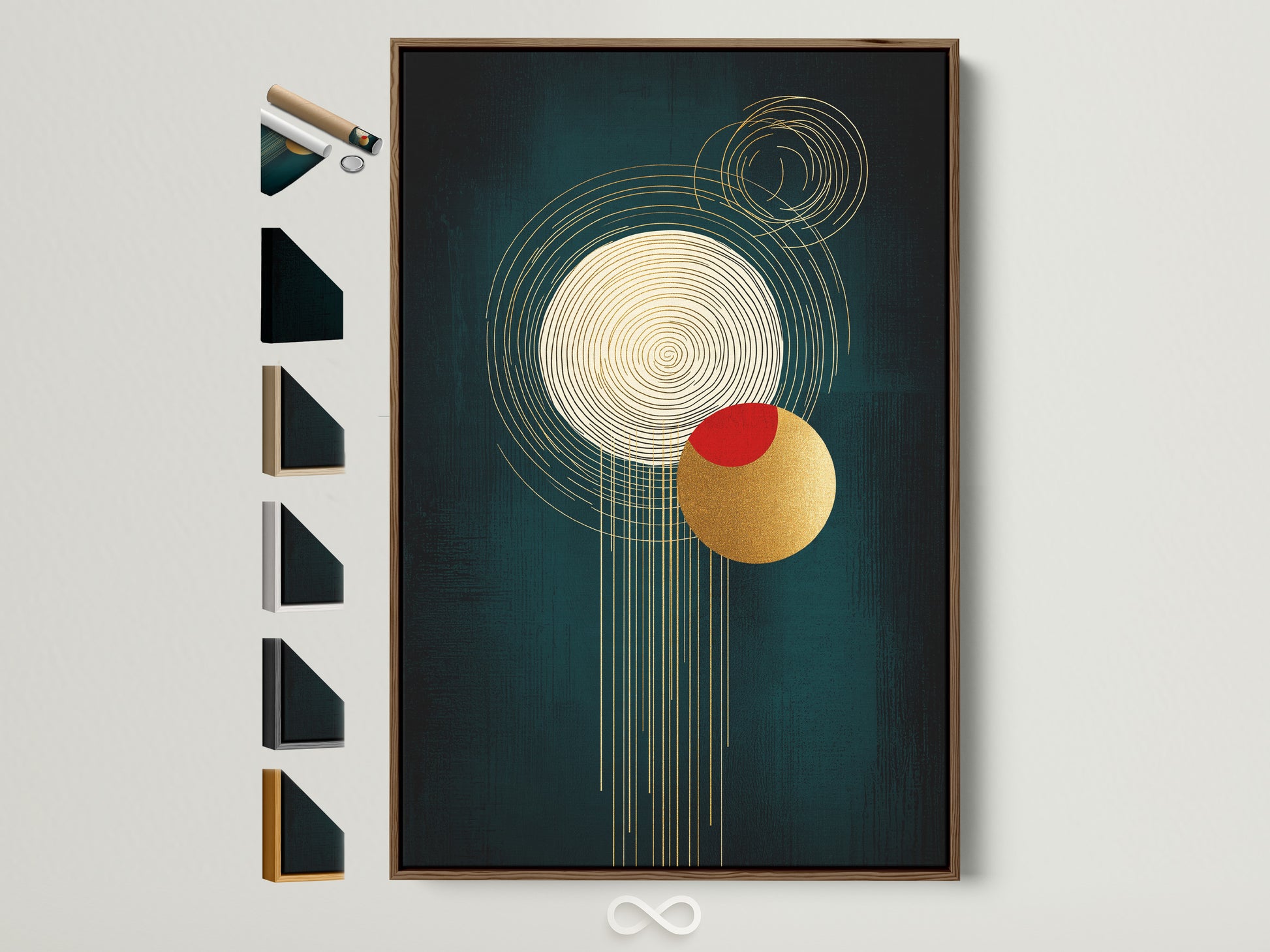A framed abstract geometric artwork hangs on a neutral wall. The brown frame displays all available frame options. The artwork features emerald green gold and red tones. Perfect modern wall art for minimalist spaces.