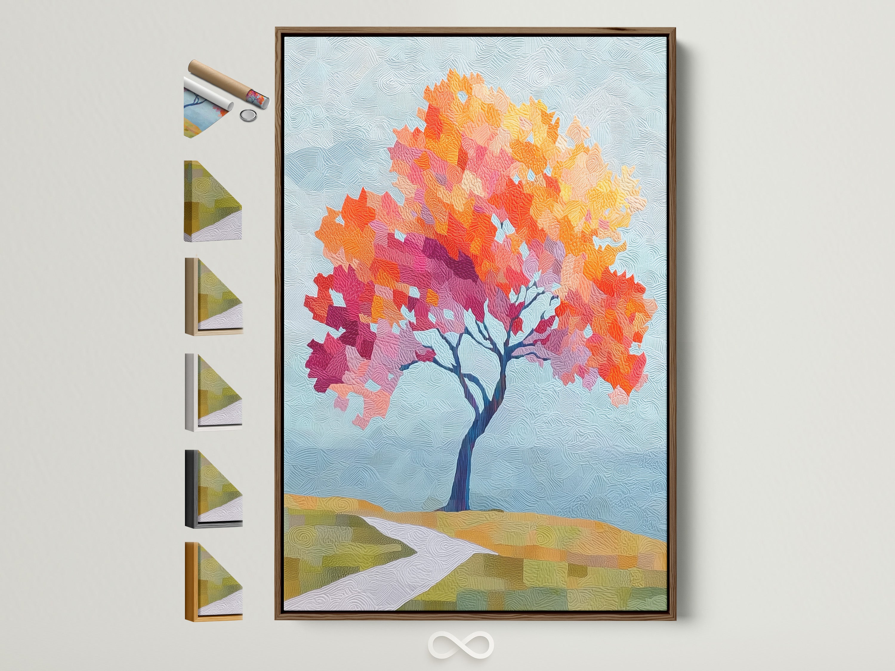 Brown frame displaying the Autumn Tree Canvas Print. All frame options are visible. This vibrant fall colors wall art brings a contemporary nature artwork feel. It is ideal for bedroom wall decor. The artwork suits minimalist style.