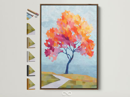 Brown frame displaying the Autumn Tree Canvas Print. All frame options are visible. This vibrant fall colors wall art brings a contemporary nature artwork feel. It is ideal for bedroom wall decor. The artwork suits minimalist style.