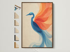 A framed crane artwork is displayed with various frame options. Find the perfect frame to complement your teal and coral artwork. This abstract bird wall art enhances bedroom wall decor. Explore modern art prints and avian illustrations.
