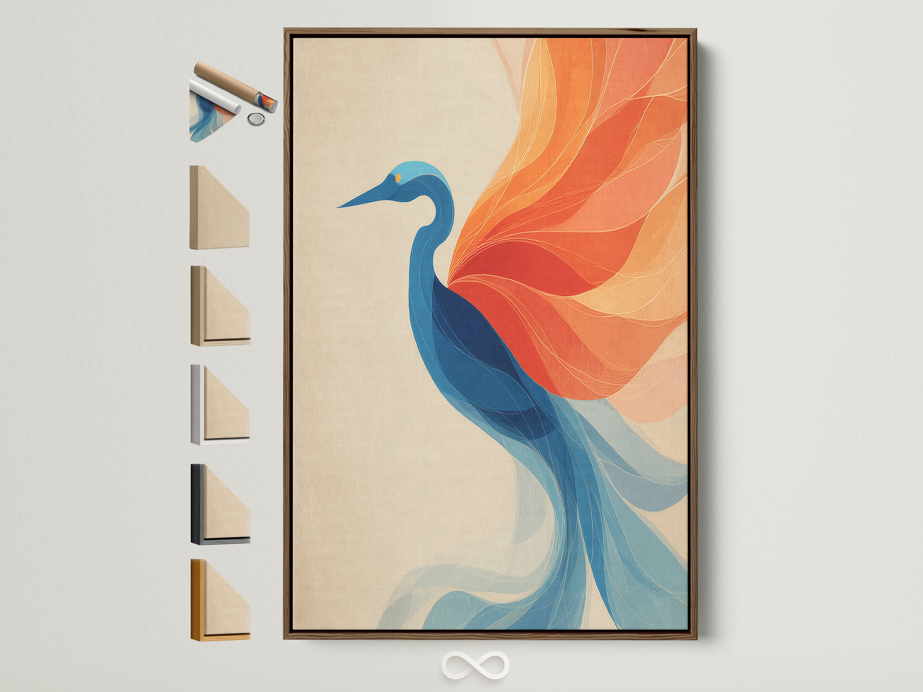 A framed crane artwork is displayed with various frame options. Find the perfect frame to complement your teal and coral artwork. This abstract bird wall art enhances bedroom wall decor. Explore modern art prints and avian illustrations.