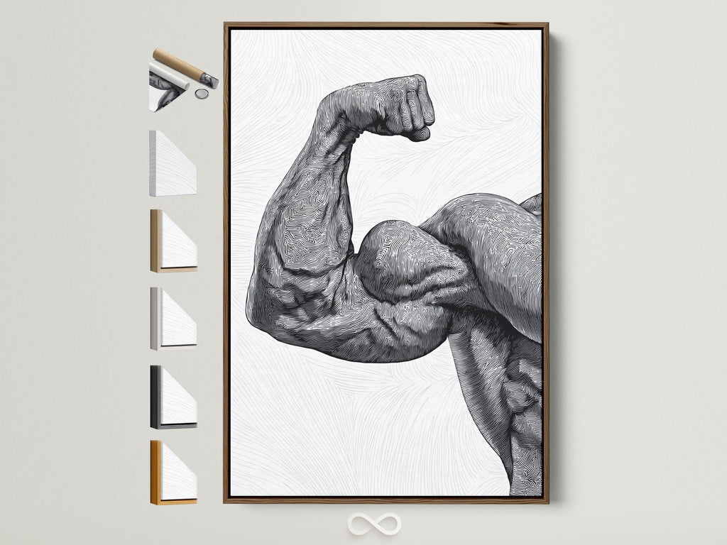 Framed art print featuring a detailed line drawing of a muscular arm. This artwork is showcased in a warm brown frame. Explore frame options to customize your art. Enhance your space with unique framed artwork. Find the perfect frame to complement your style. Discover high-quality art prints for your home or office.
