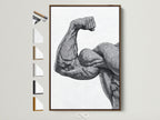 Framed art print featuring a detailed line drawing of a muscular arm. This artwork is showcased in a warm brown frame. Explore frame options to customize your art. Enhance your space with unique framed artwork. Find the perfect frame to complement your style. Discover high-quality art prints for your home or office.