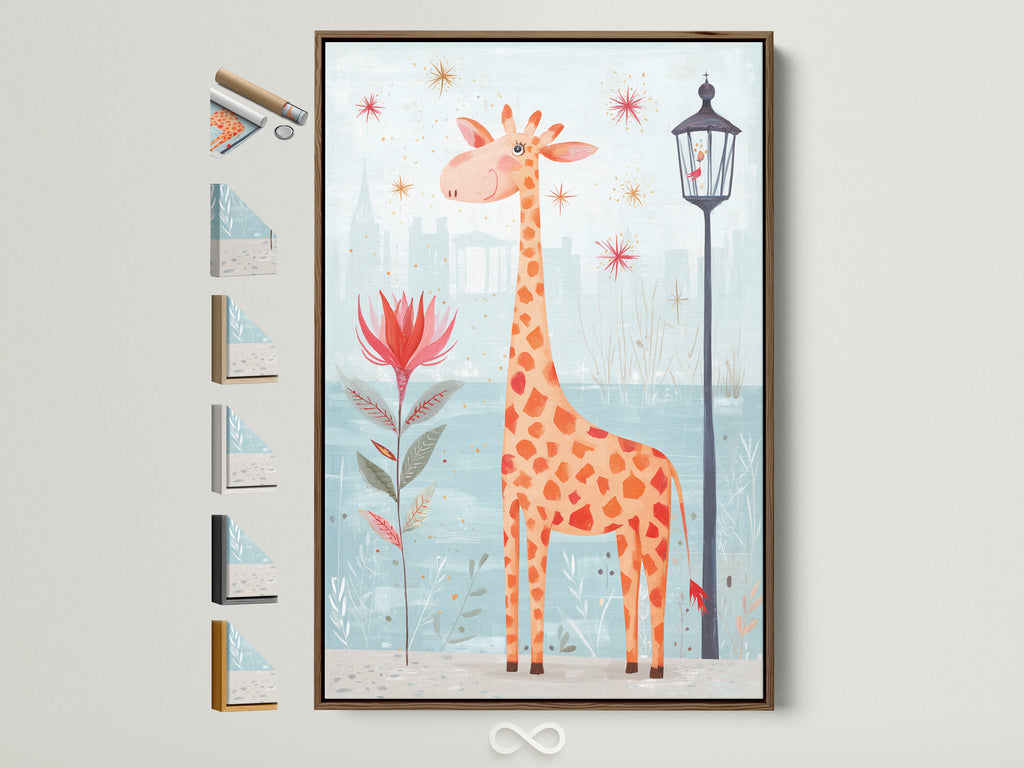 A charming giraffe art print is displayed in a brown frame. The artwork is perfect for a nursery or playroom. Explore frame options to customize your kids art. Discover stylish nursery wall art today.