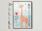 A charming giraffe art print is displayed in a brown frame. The artwork is perfect for a nursery or playroom. Explore frame options to customize your kids art. Discover stylish nursery wall art today.