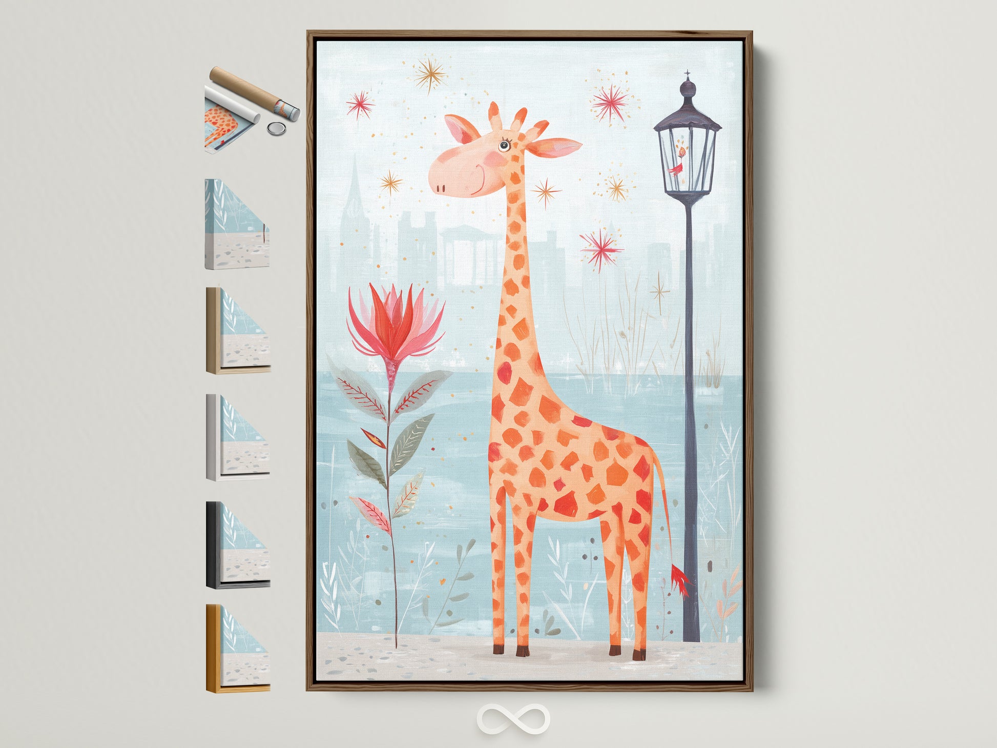 A charming giraffe art print is displayed in a brown frame. The artwork is perfect for a nursery or playroom. Explore frame options to customize your kids art. Discover stylish nursery wall art today.