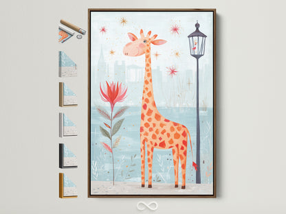 A charming giraffe art print is displayed in a brown frame. The artwork is perfect for a nursery or playroom. Explore frame options to customize your kids art. Discover stylish nursery wall art today.