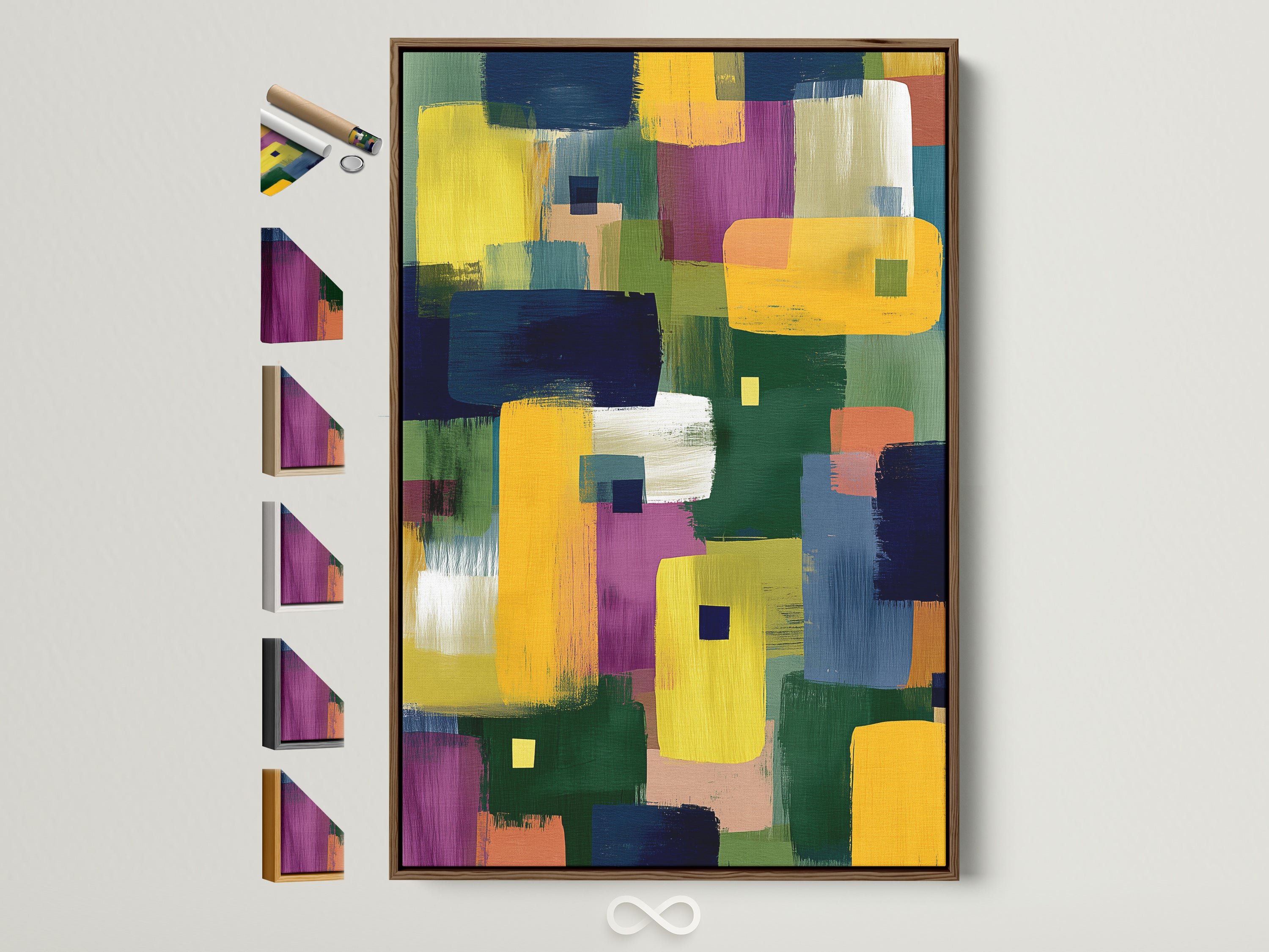 Abstract colorful artwork in a brown frame. The frame sits against a neutral wall with natural light casting shadows. See all frame options available. This modern geometric wall art is perfect for adding a vibrant touch to any minimalist modern or eclectic space. Primary color is yellow and secondary color is blue.