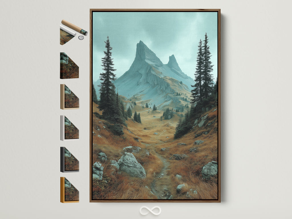 Brown frame mountain landscape artwork. This artwork captures an alpine valley with nature photography perfect for bedroom wall decor. Earth tones and rustic style enhance living spaces. It features a brown frame with all frame options displayed on the side.