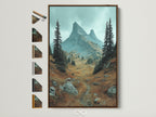 Brown frame mountain landscape artwork. This artwork captures an alpine valley with nature photography perfect for bedroom wall decor. Earth tones and rustic style enhance living spaces. It features a brown frame with all frame options displayed on the side.