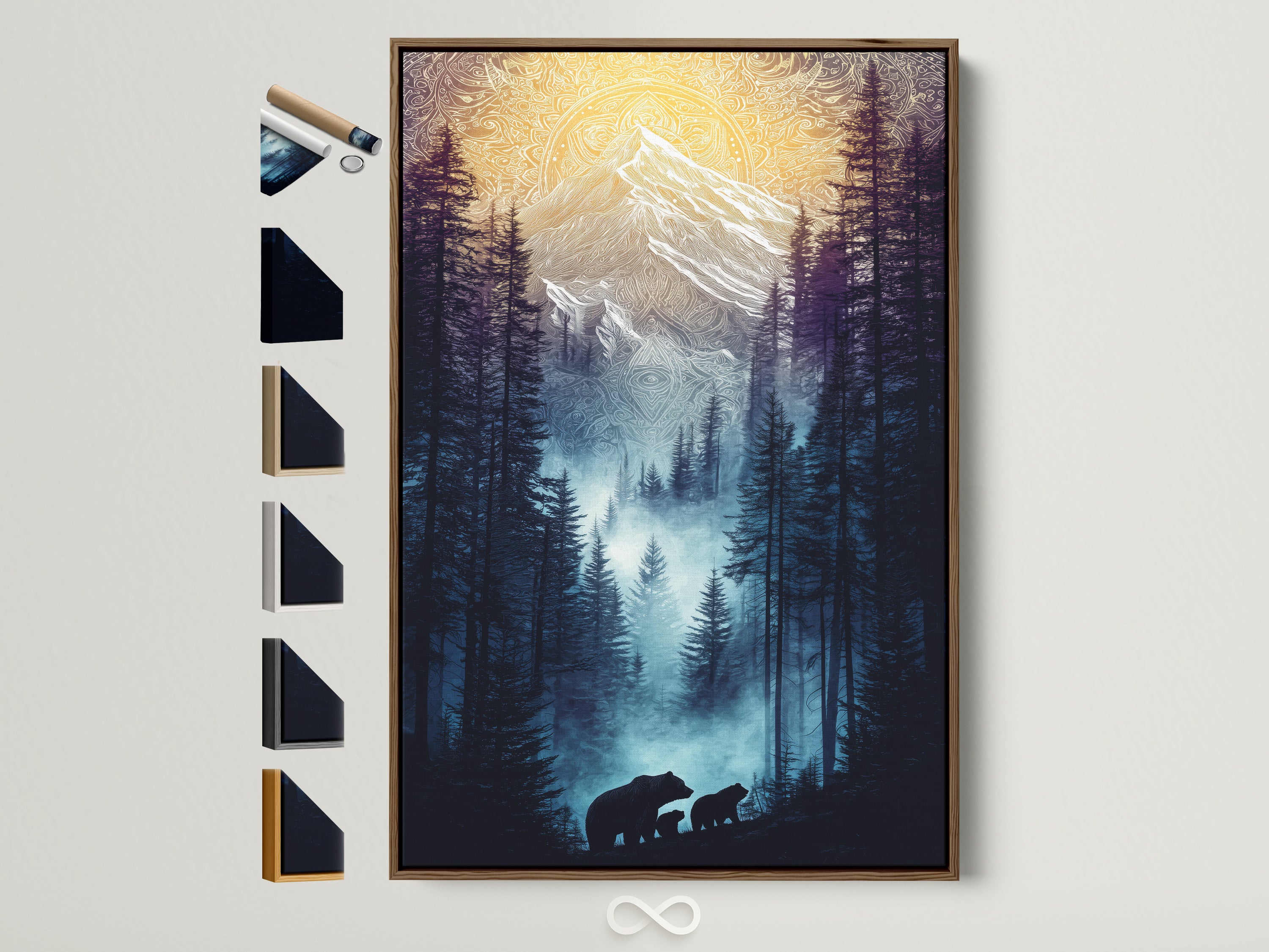 Bear Family Canvas Print in a brown frame. This mountain forest wall art captures a nature landscape. It is ideal for cabin decor. The artwork is displayed with various frame options.