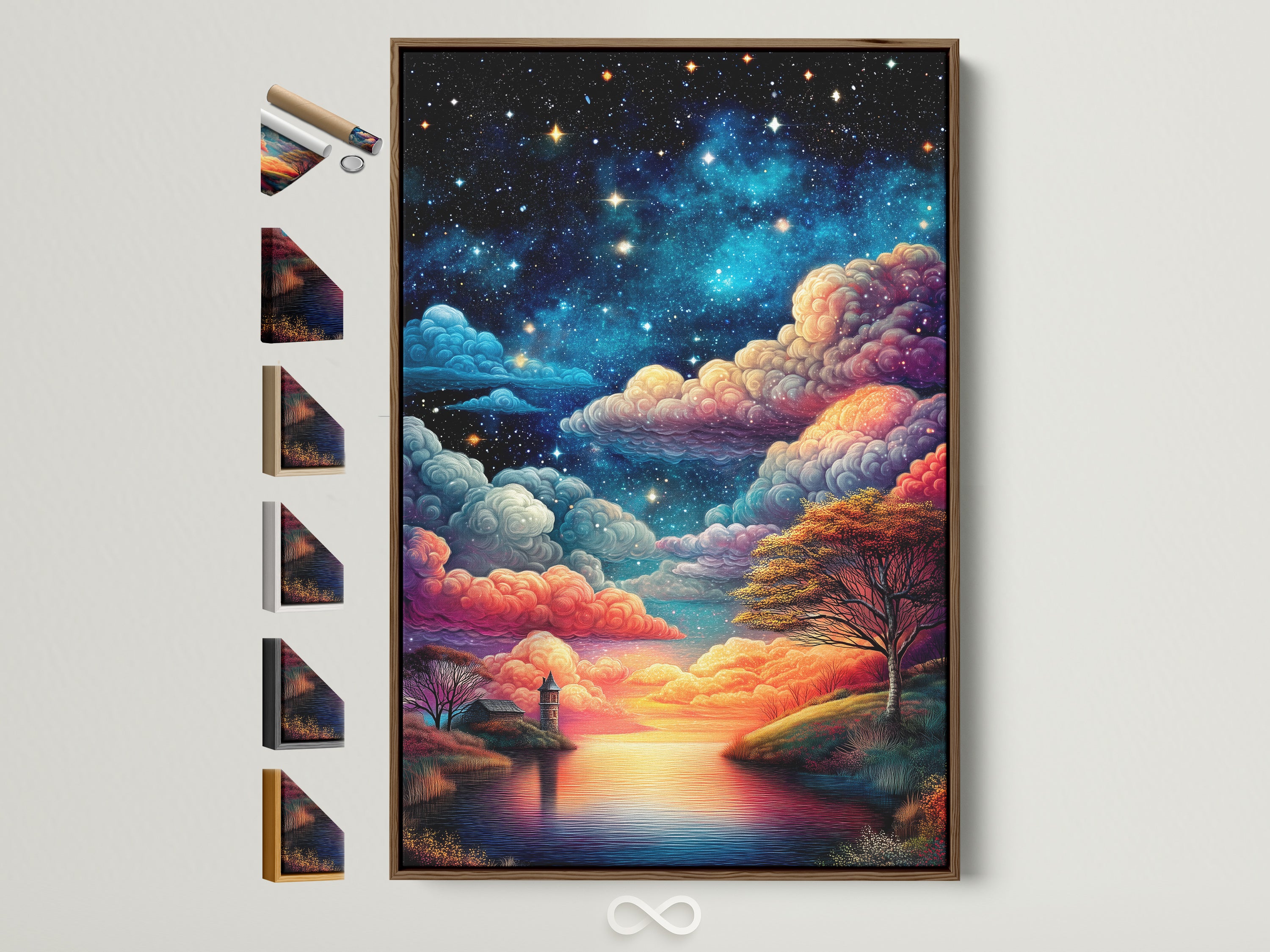 Starry Night artwork in a brown frame. This celestial sky wall art features a dreamy lake landscape. See all frame options to find the perfect match for your bedroom wall decor. This artwork brings modern style to any room
