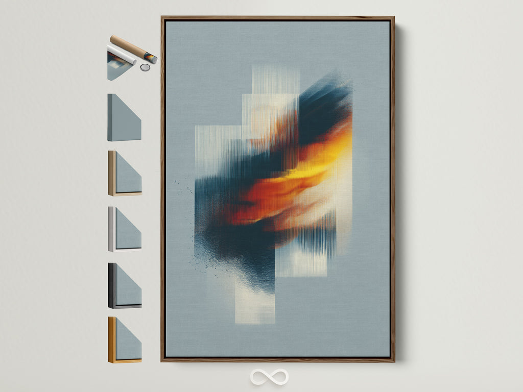 A captivating abstract art piece is framed in a warm brown tone. The artwork features dynamic bursts of color. The composition uses geometric shapes and layered textures to create depth. Discover art that transforms your living space. Explore framing options for a personal touch.
