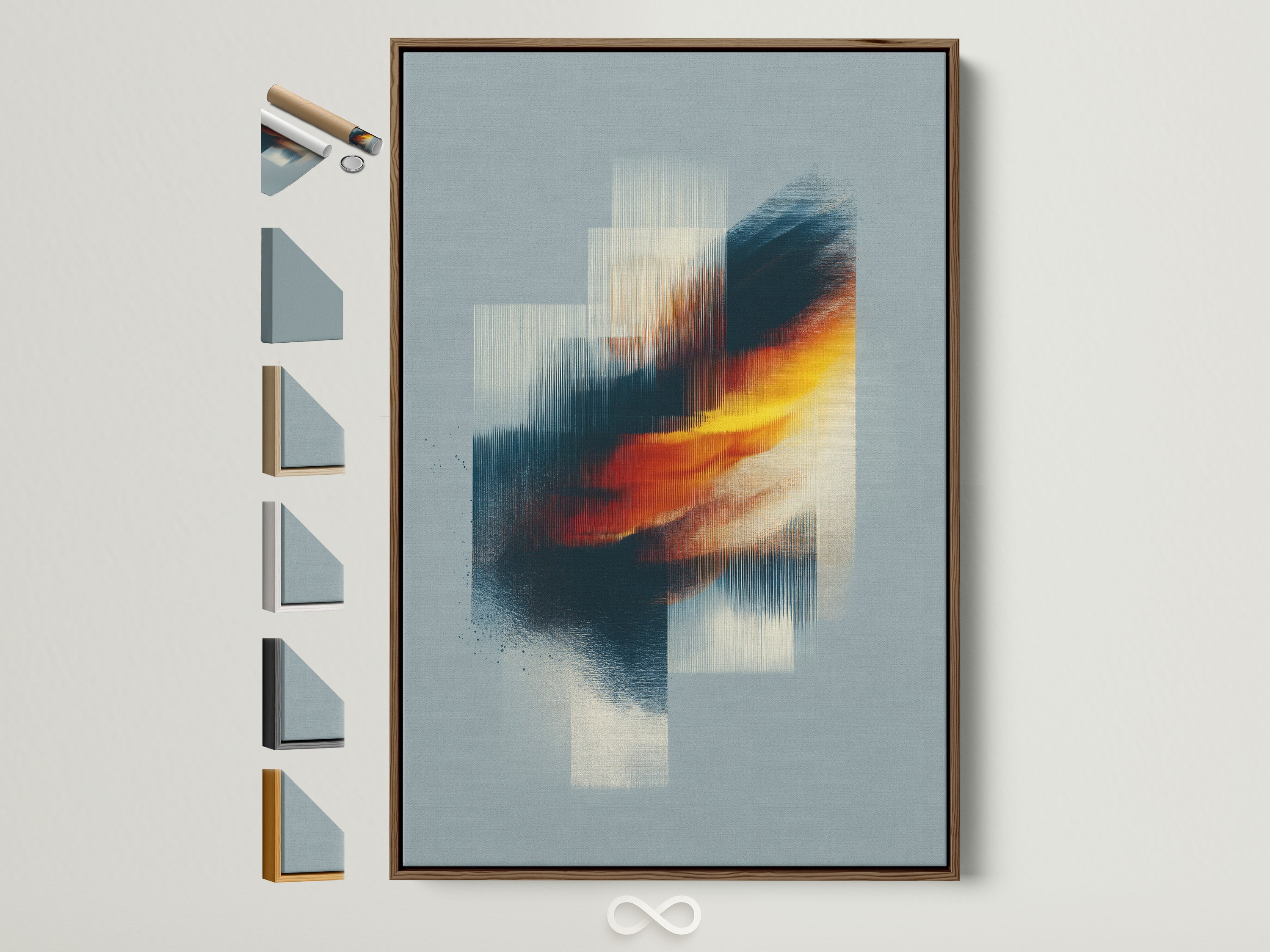 A captivating abstract art piece is framed in a warm brown tone. The artwork features dynamic bursts of color. The composition uses geometric shapes and layered textures to create depth. Discover art that transforms your living space. Explore framing options for a personal touch.