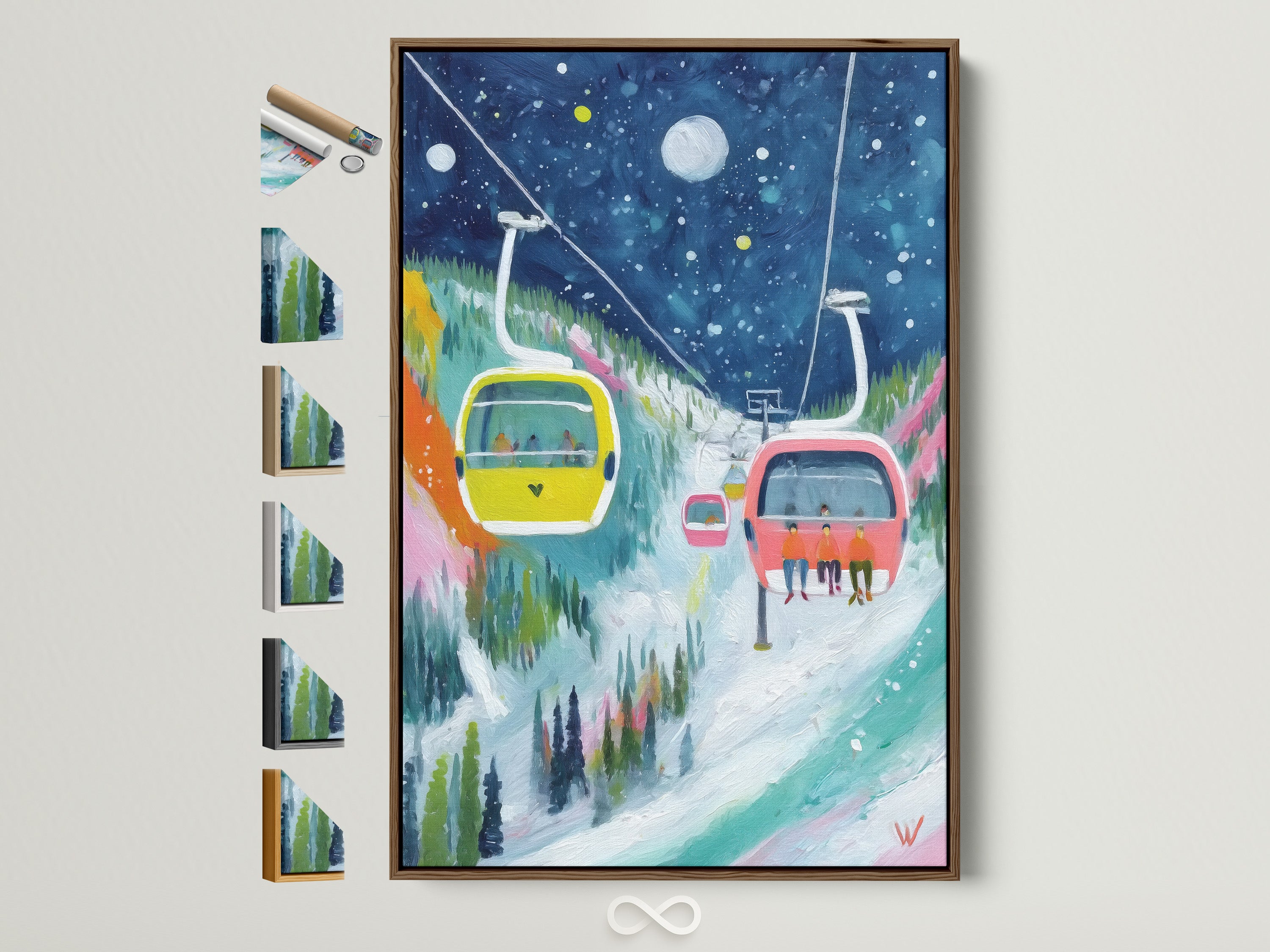 Ski Lift Canvas Print with a brown frame. This winter mountain wall art features a colorful snow scene. It is the perfect artwork for bedroom wall decor. The artwork has yellow and pink ski lifts.