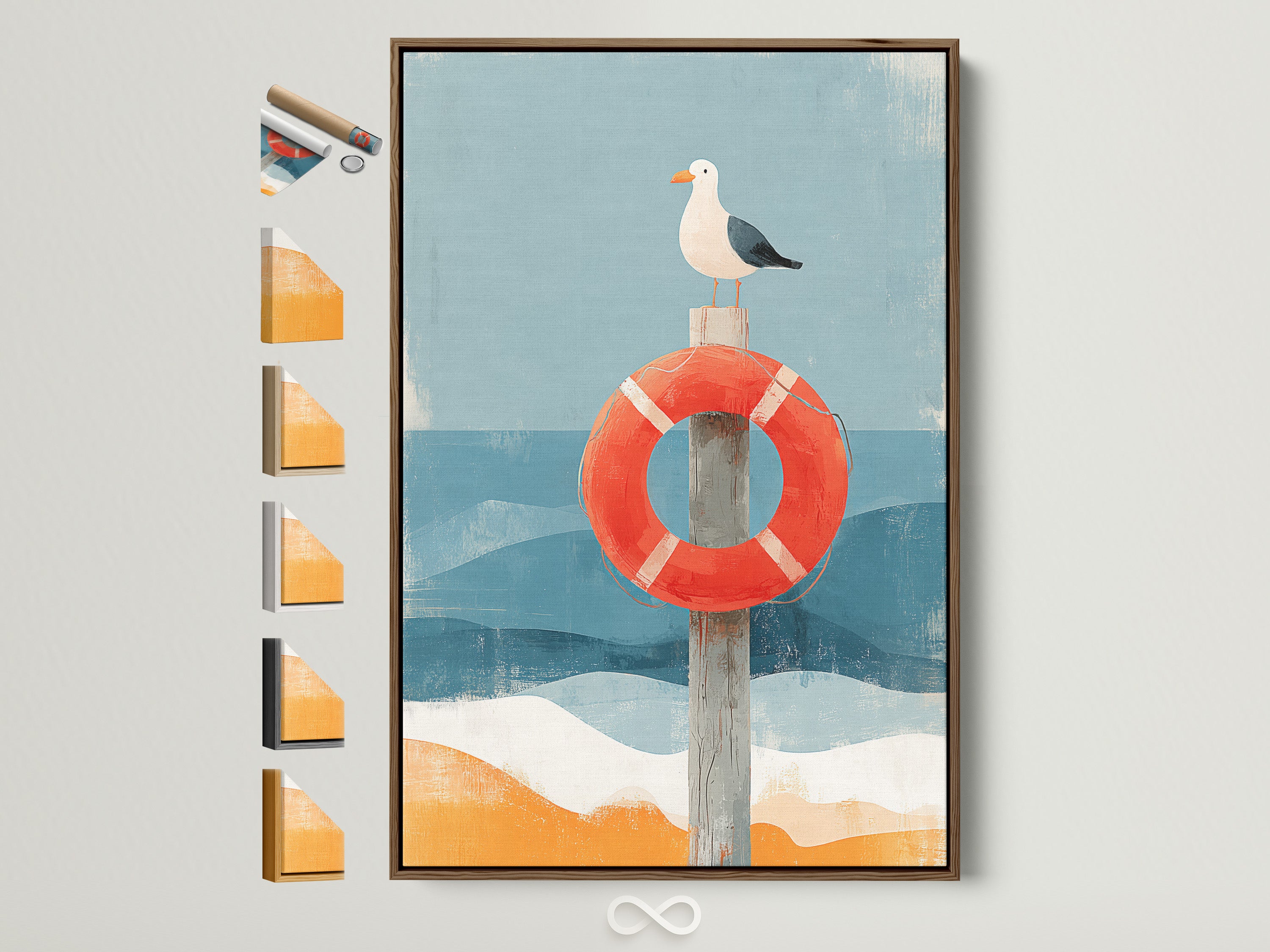 Artwork featuring a seagull perched on a red life preserver. The art is framed in a brown wooden frame. The frame samples are displayed on the wall. The artwork has a coastal nautical theme.
