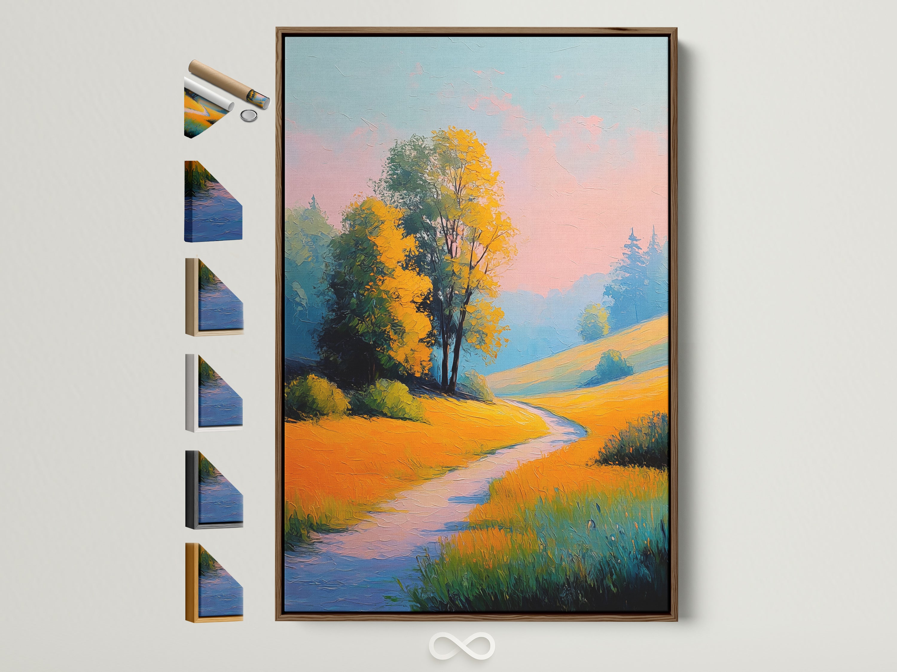 A golden meadow path artwork is showcased in a brown frame. The artwork captures a serene autumn landscape. The frame options are displayed beside it offering a variety of choices. Perfect wall art to elevate your home decor with a touch of nature's beauty.