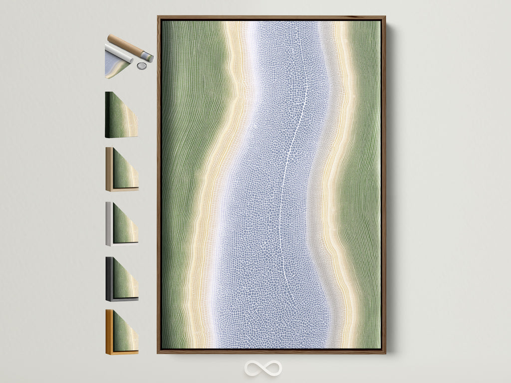 Abstract River Artwork with a Brown Frame. This artwork features sage green and lavender hues.  Various frame options are displayed.  Ideal for modern homes and office wall art. Perfect for adding a coastal or tropical touch to your space.
