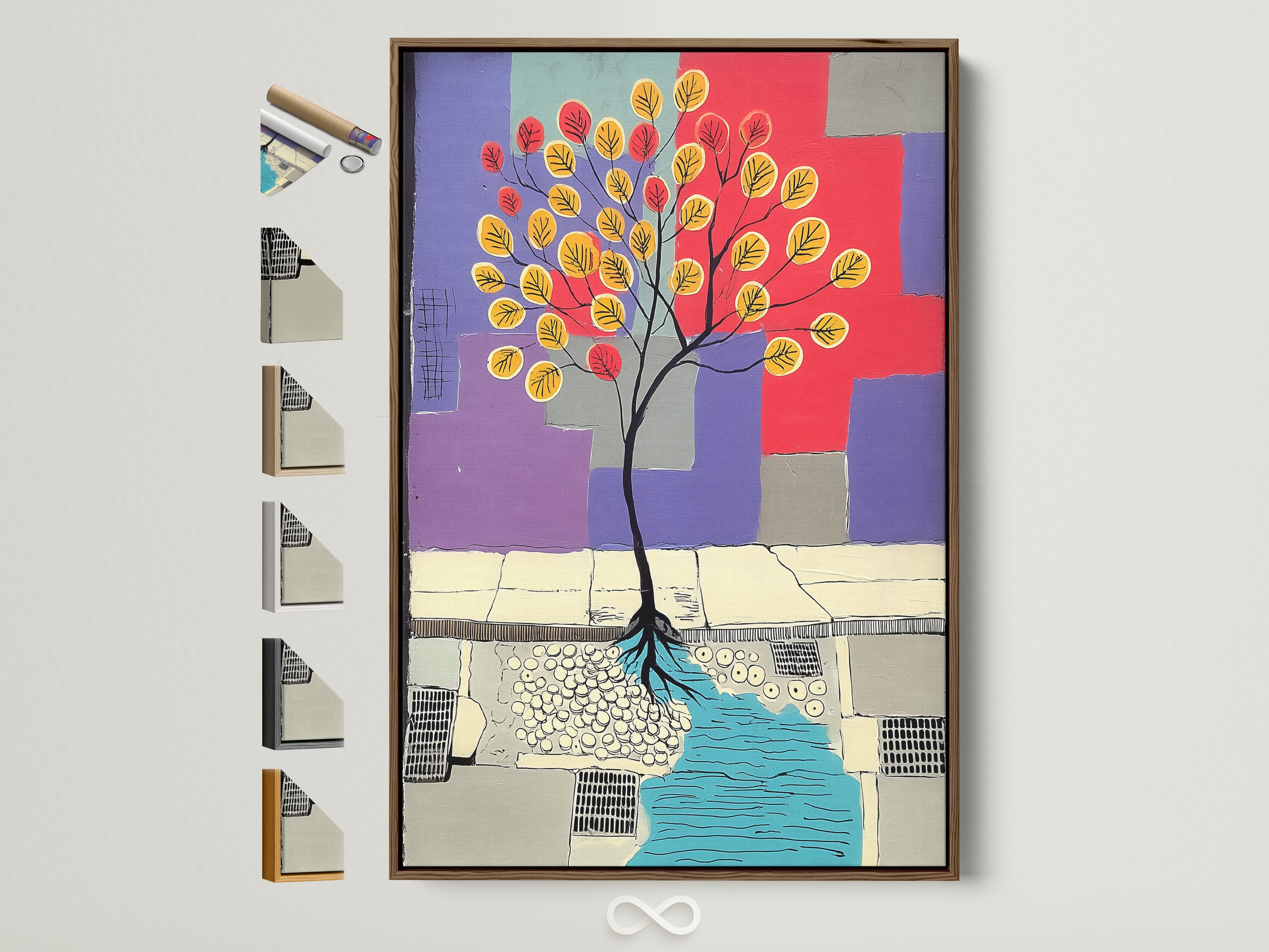 Abstract Tree artwork with a brown frame. See all frame options available. This colorful geometric wall art is perfect for adding a modern touch to your office or home. The artwork features vibrant teal red and purple hues. A great addition to any art collection.