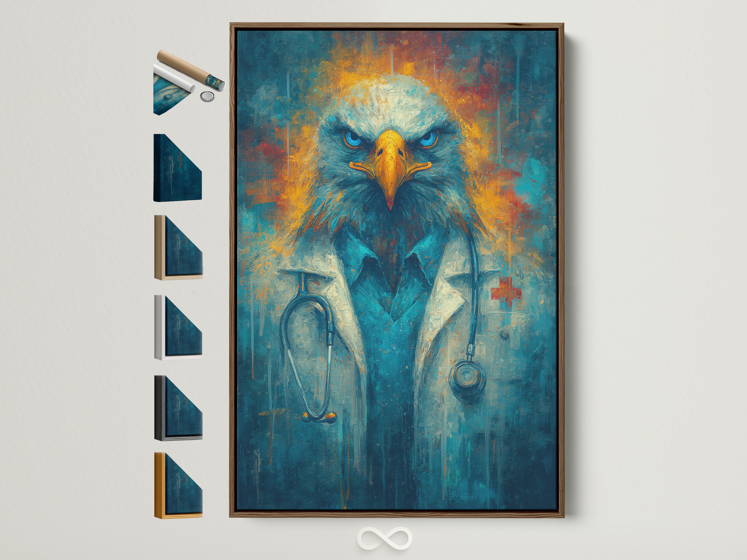 Eagle Doctor art print in a brown frame. The frame is displayed with all available frame options on the side. This medical professional wall art is ideal for medical office decor. The animal portrait canvas adds a unique touch to any medical setting. It features contemporary style with blue and gold accents.