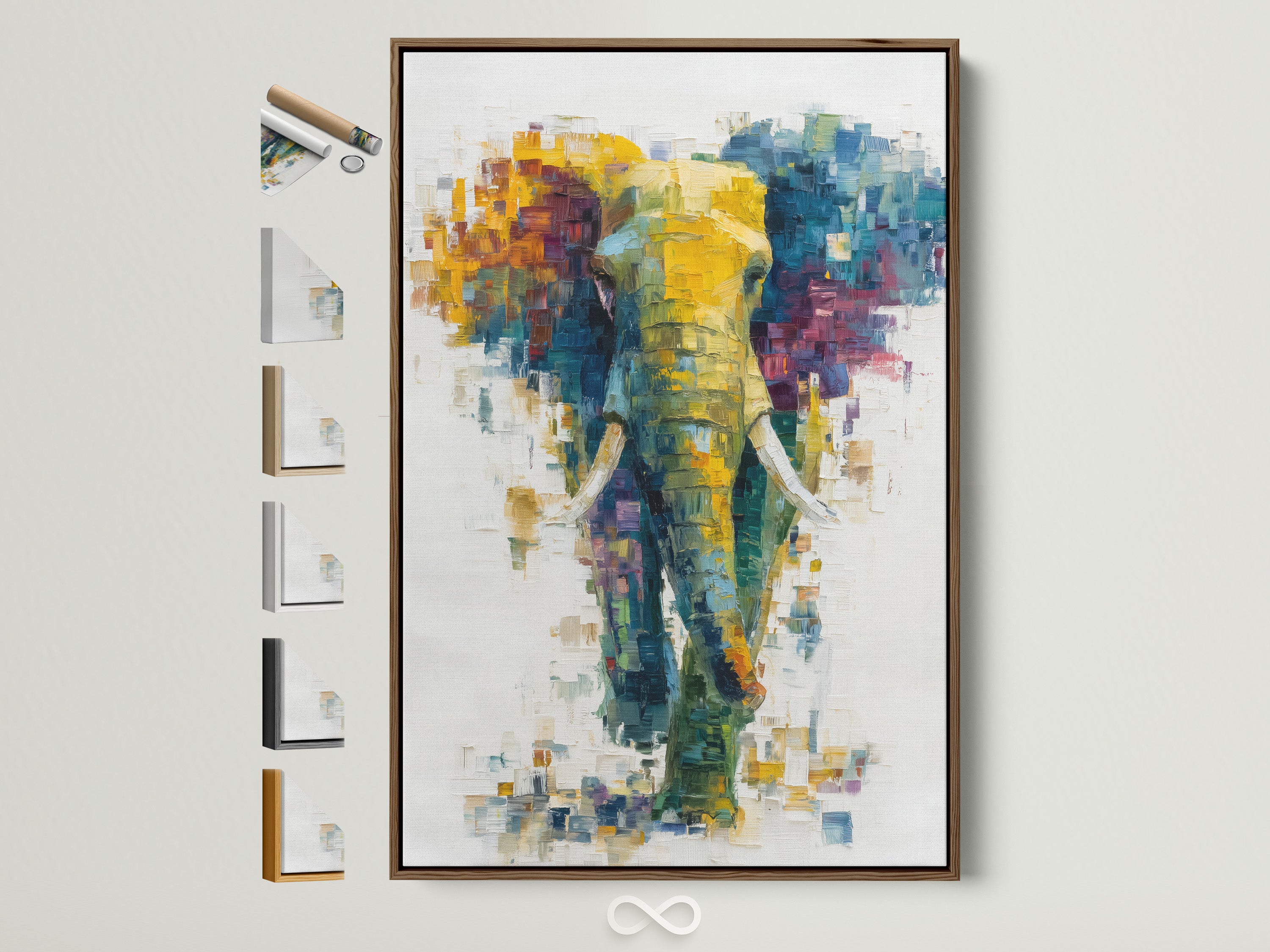 A vibrant abstract elephant artwork is displayed in a brown frame. This colorful wildlife wall art is perfect for adding a contemporary touch to any room. See all frame options available to match your style.