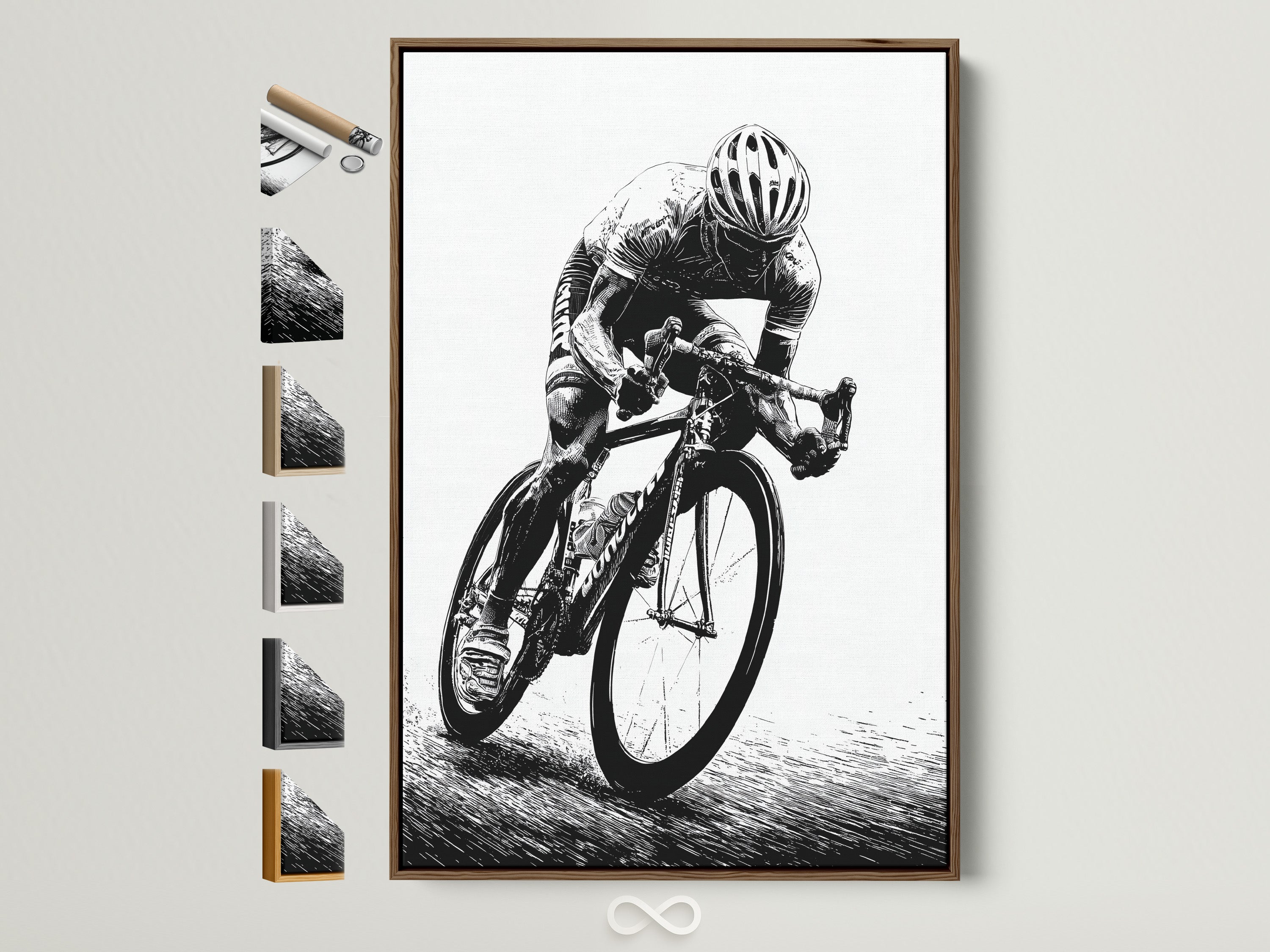 Cycling art print in a brown frame. It showcases all frame options on the side. Elevate your home gym or office with this vintage bike wall art. Perfect for minimalist and contemporary styles. A great addition to your space