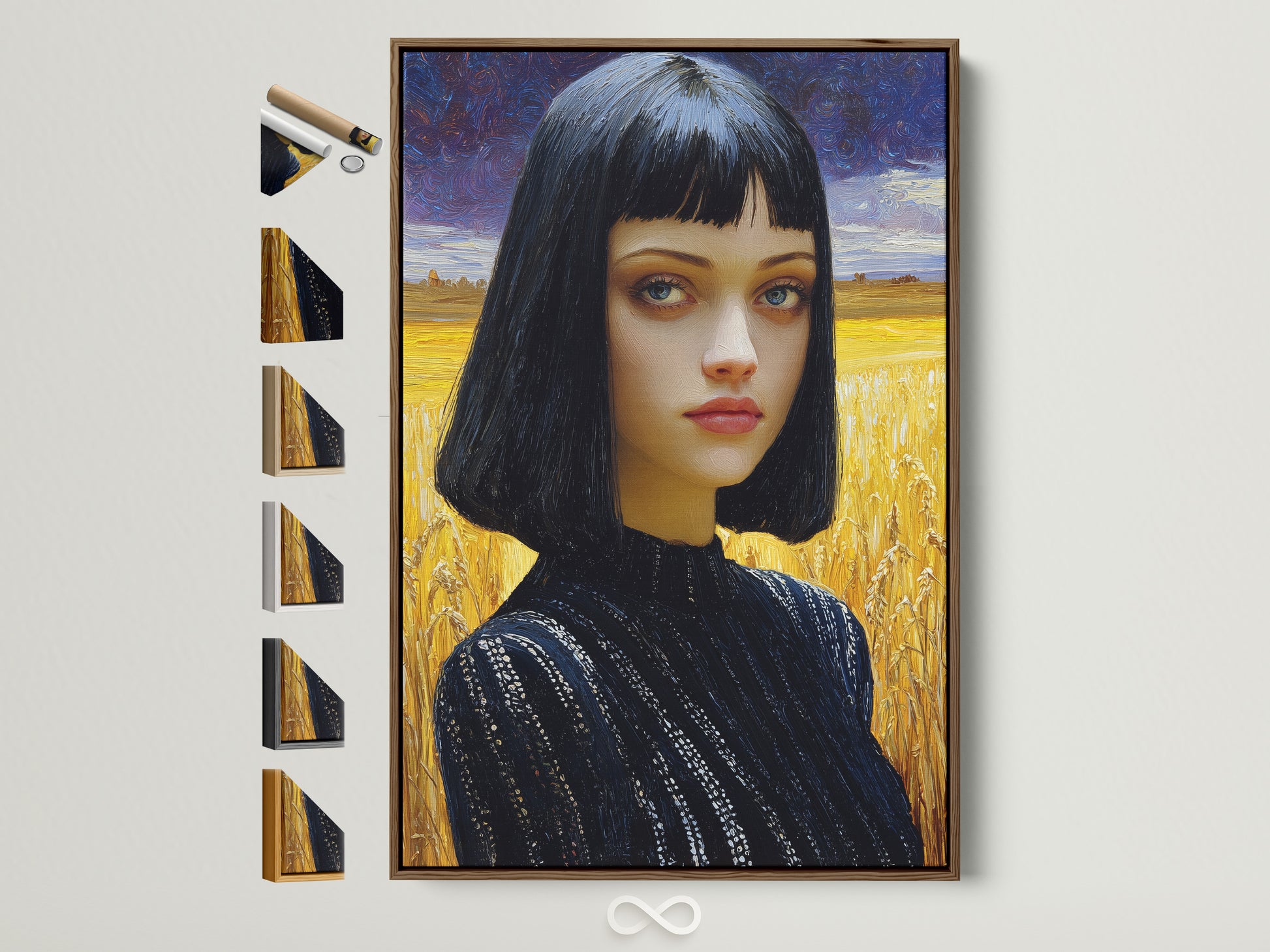 Moody portrait of a woman, dark dress, gold wheat backdrop, canvas print.