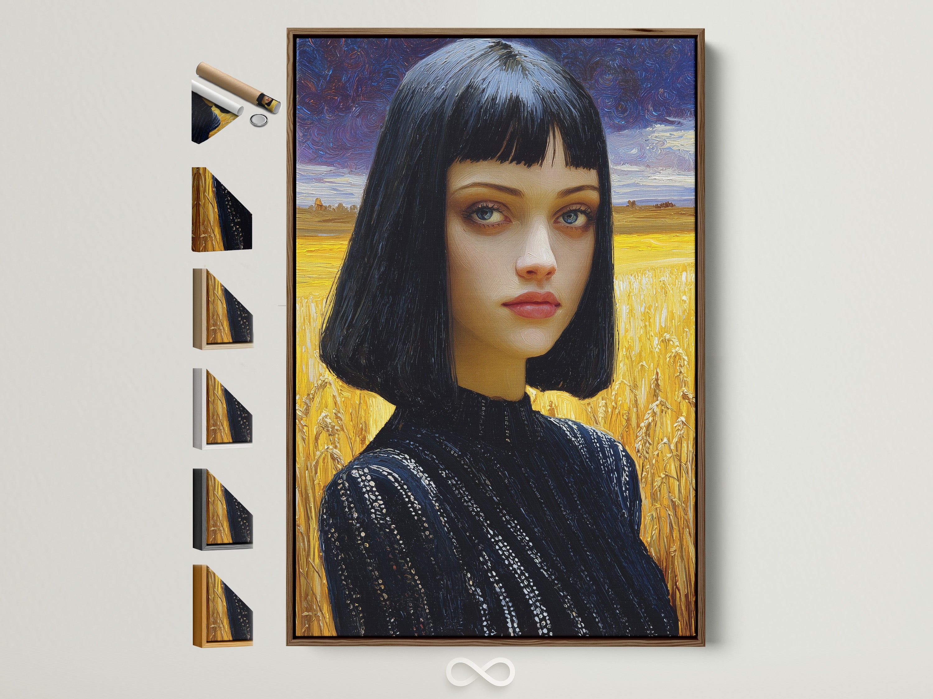 Gothic portrait art in a brown frame. See all available frame options. This contemporary woman painting adds dark moody art to bedroom wall decor. Perfect for modern gothic artwork lovers.