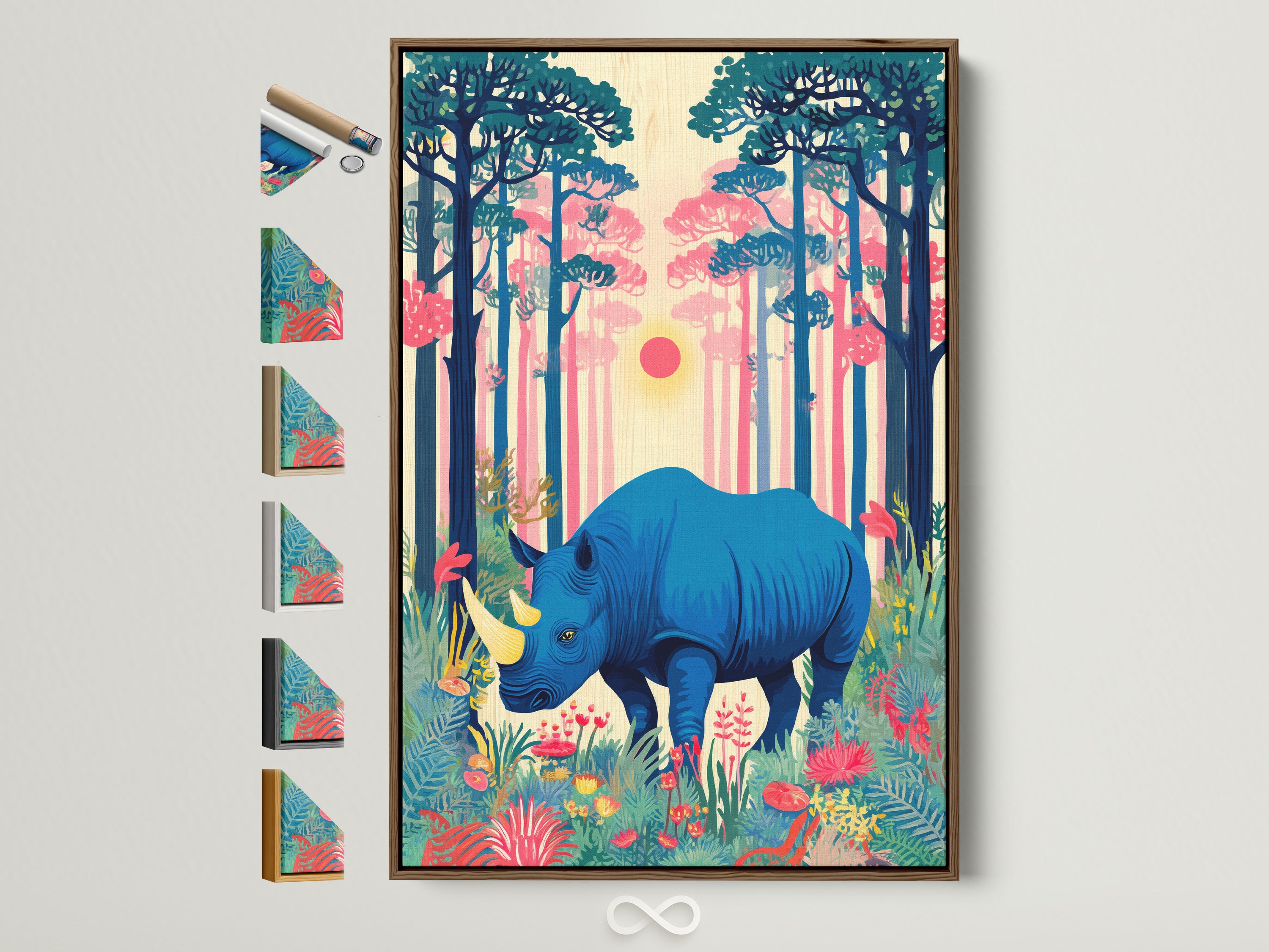 Framed tropical forest wall art. A blue rhino artwork is displayed with various frame options. Find the perfect frame for your wildlife canvas. This colorful artwork adds a vibrant touch to any room. Perfect for eclectic and nature-inspired decor.