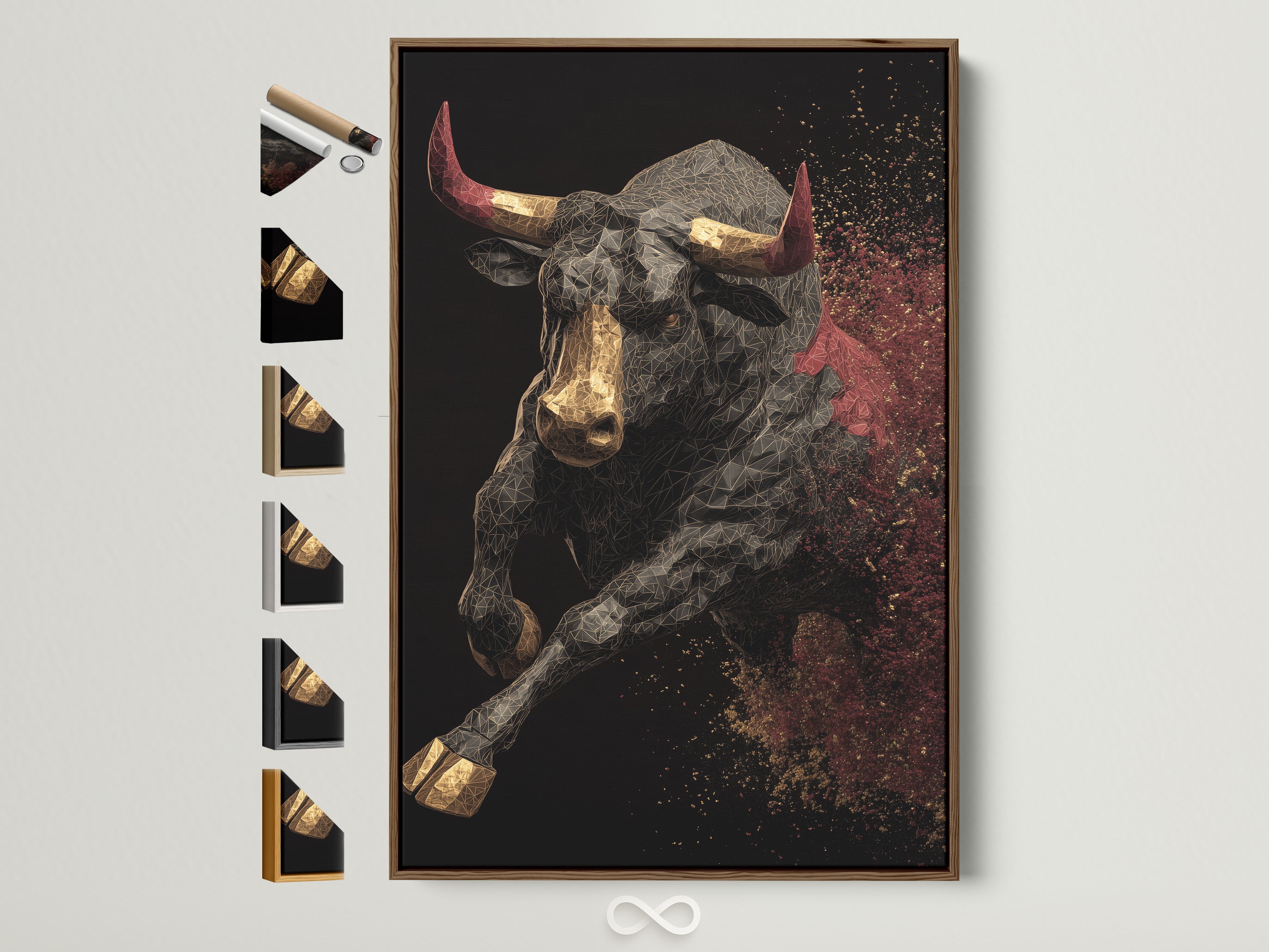 A brown frame displays various frame options along its side. See the range of artwork frames. Find the perfect complement to your artwork. Many frame styles are available.