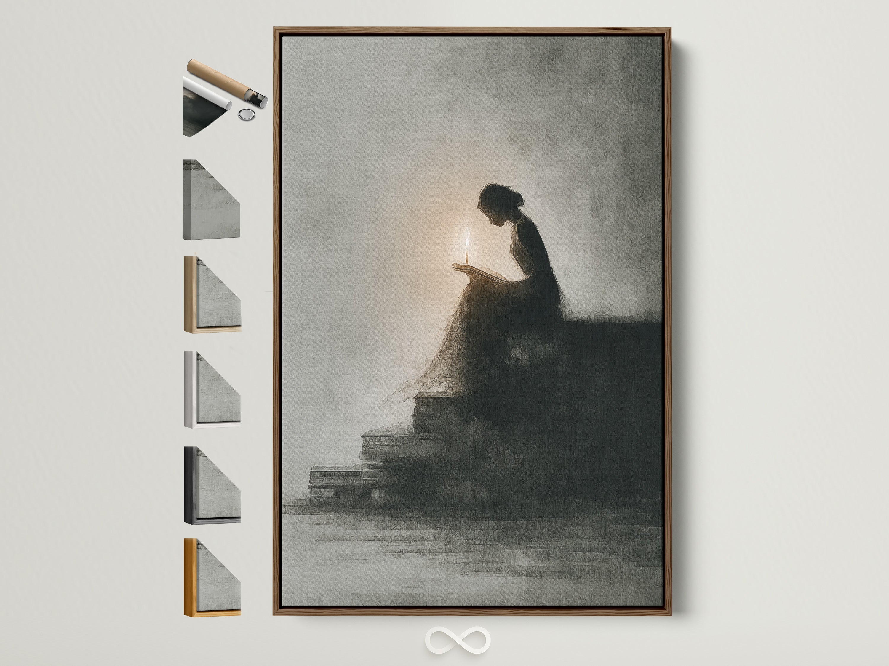 Woman reading by candlelight art in a brown frame. Gothic wall art enhances any room. Many frame options are available. This bookish gift is perfect for the book lover. Explore our vintage posters.