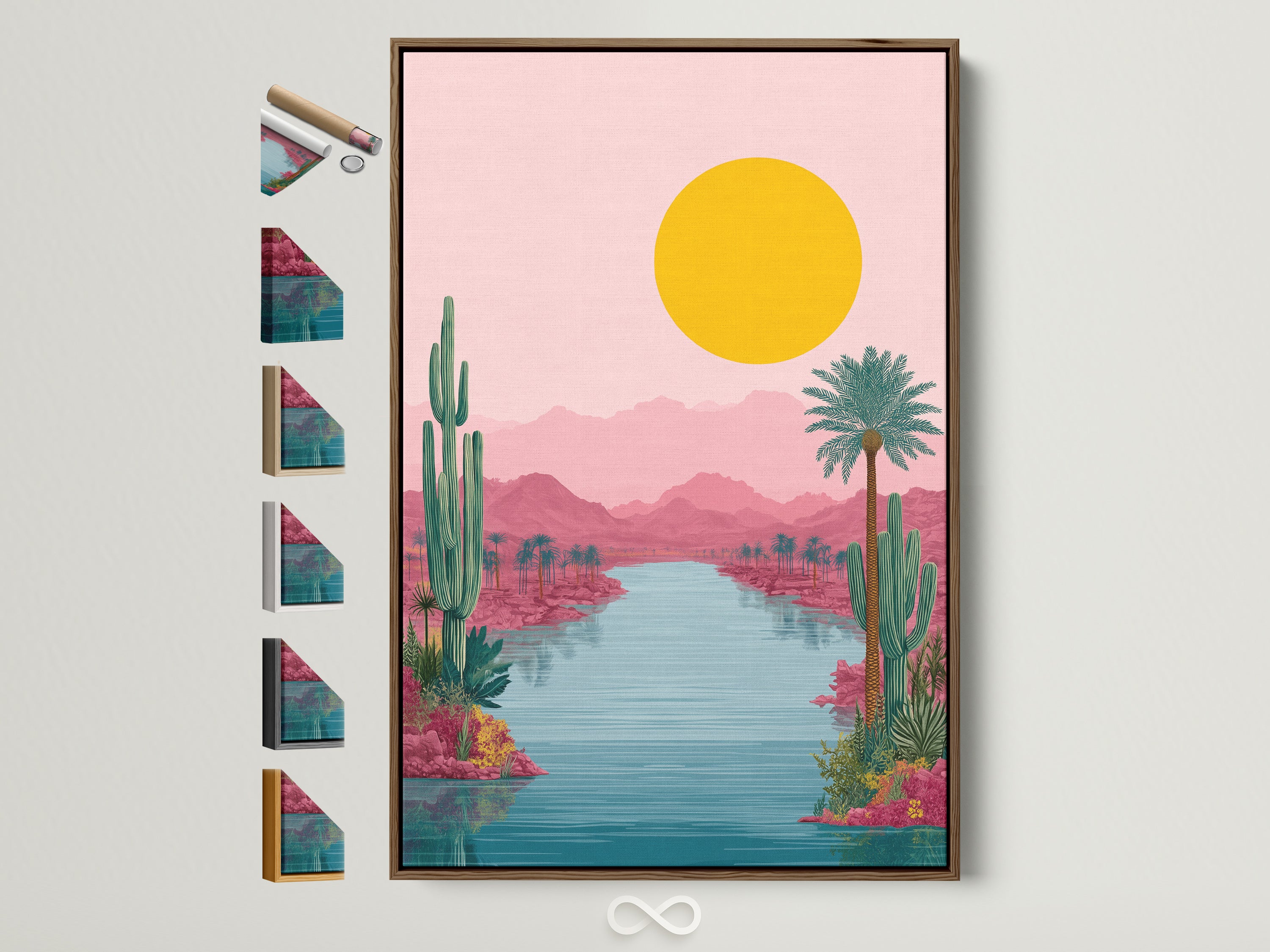 A Desert Oasis canvas artwork is displayed within a brown frame. The artwork features a serene desert landscape. Pink and teal colors create a calming mood. Frame options are visible showcasing the variety available.