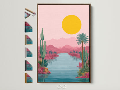 A Desert Oasis canvas artwork is displayed within a brown frame. The artwork features a serene desert landscape. Pink and teal colors create a calming mood. Frame options are visible showcasing the variety available.