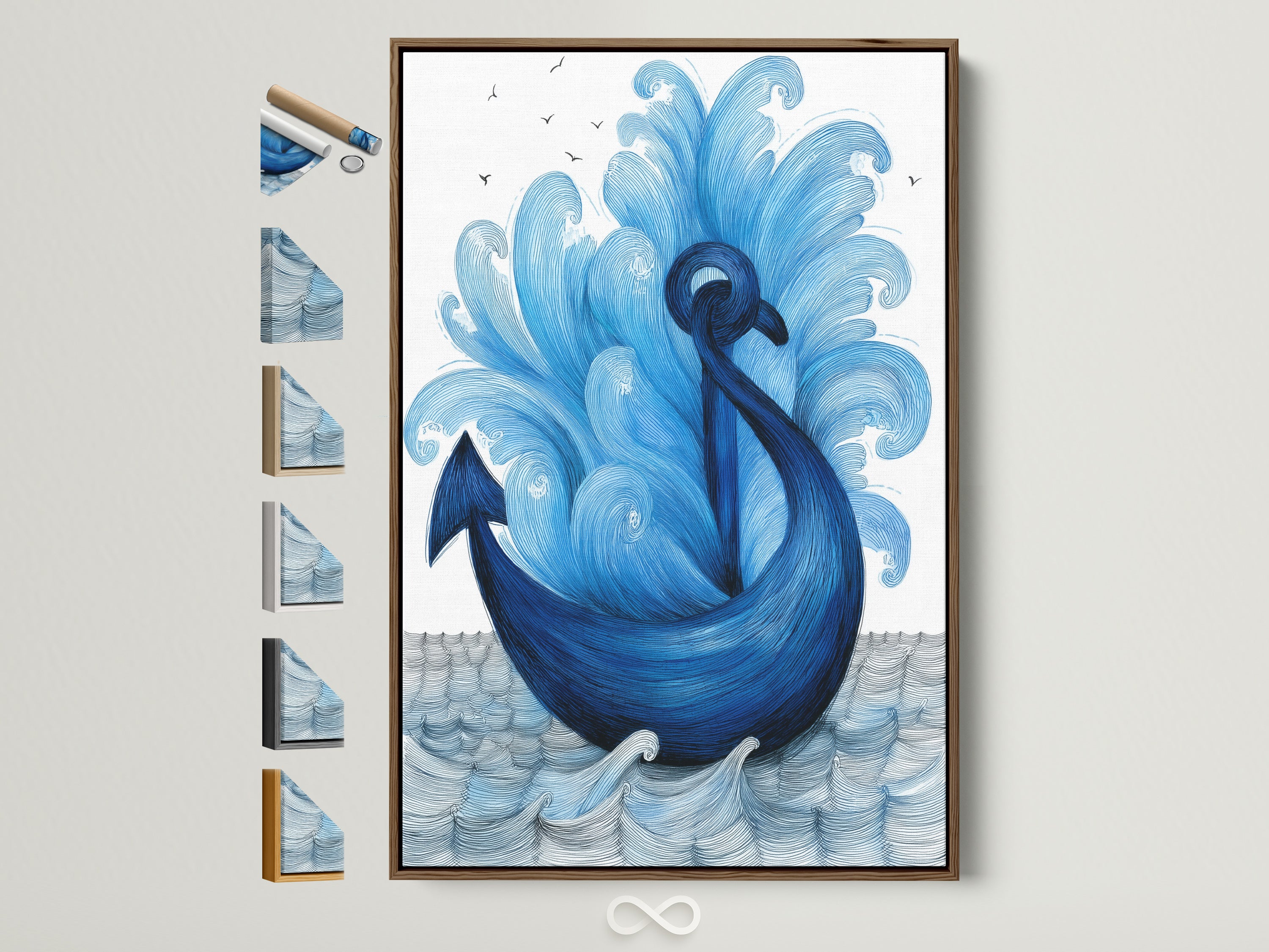A captivating navy blue anchor artwork in a brown frame. See all frame options available to match your unique style. Perfect coastal artwork for bathroom decor. It enhances any space with a nautical theme. The framed artwork offers a beautiful focal point. This anchor wall art brings a touch of the ocean into your home.