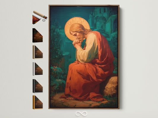 Explore our framed artwork options. See all available frame styles for your prints. This brown frame elegantly displays a religious artwork. It shows all frame options available for prints displayed side by side.