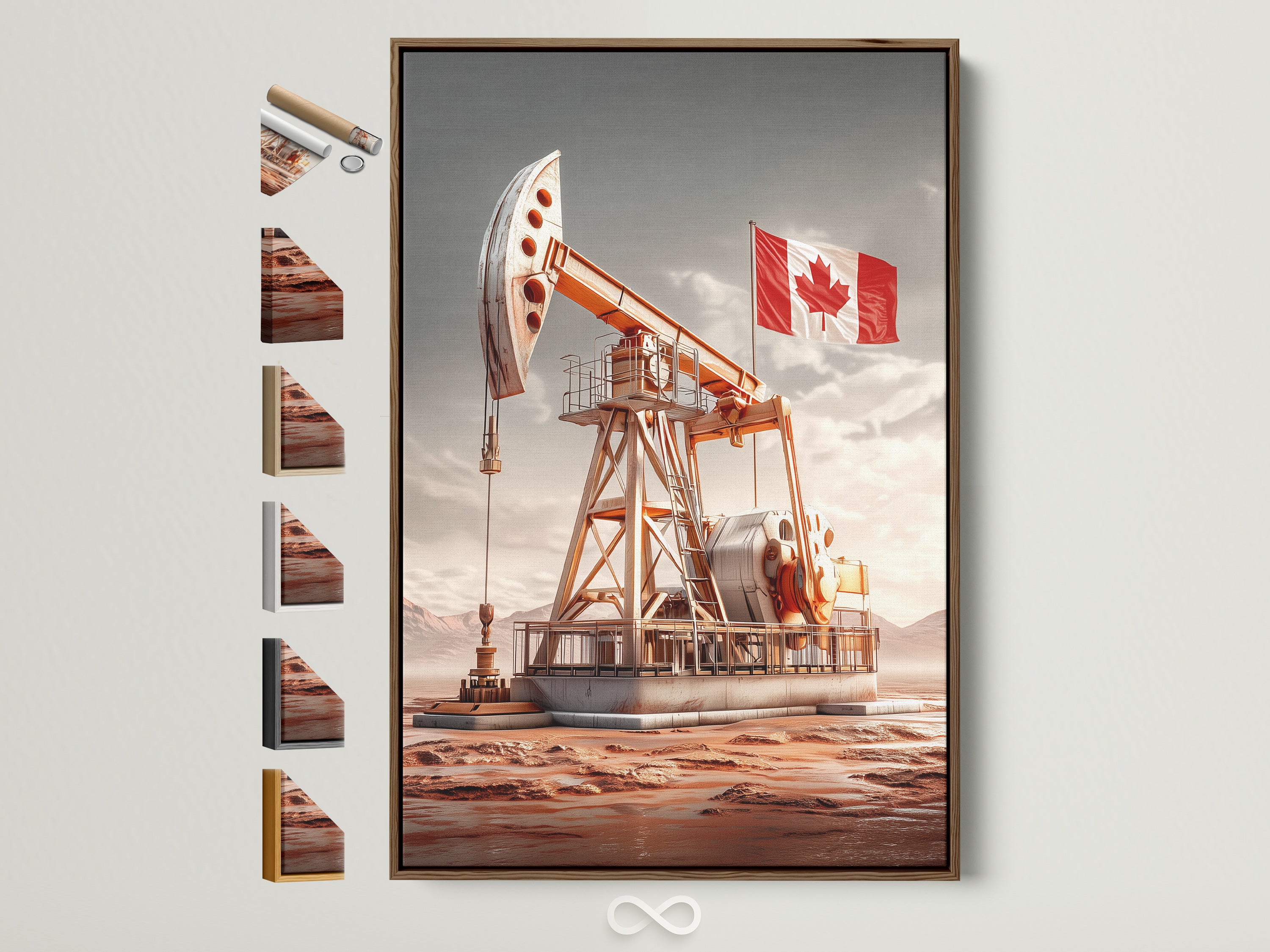Oil Derrick Canvas Print in a brown frame with frame options displayed. Canadian Flag Wall art. Rustic Industrial artwork for your office. Browse options for energy sector artwork.