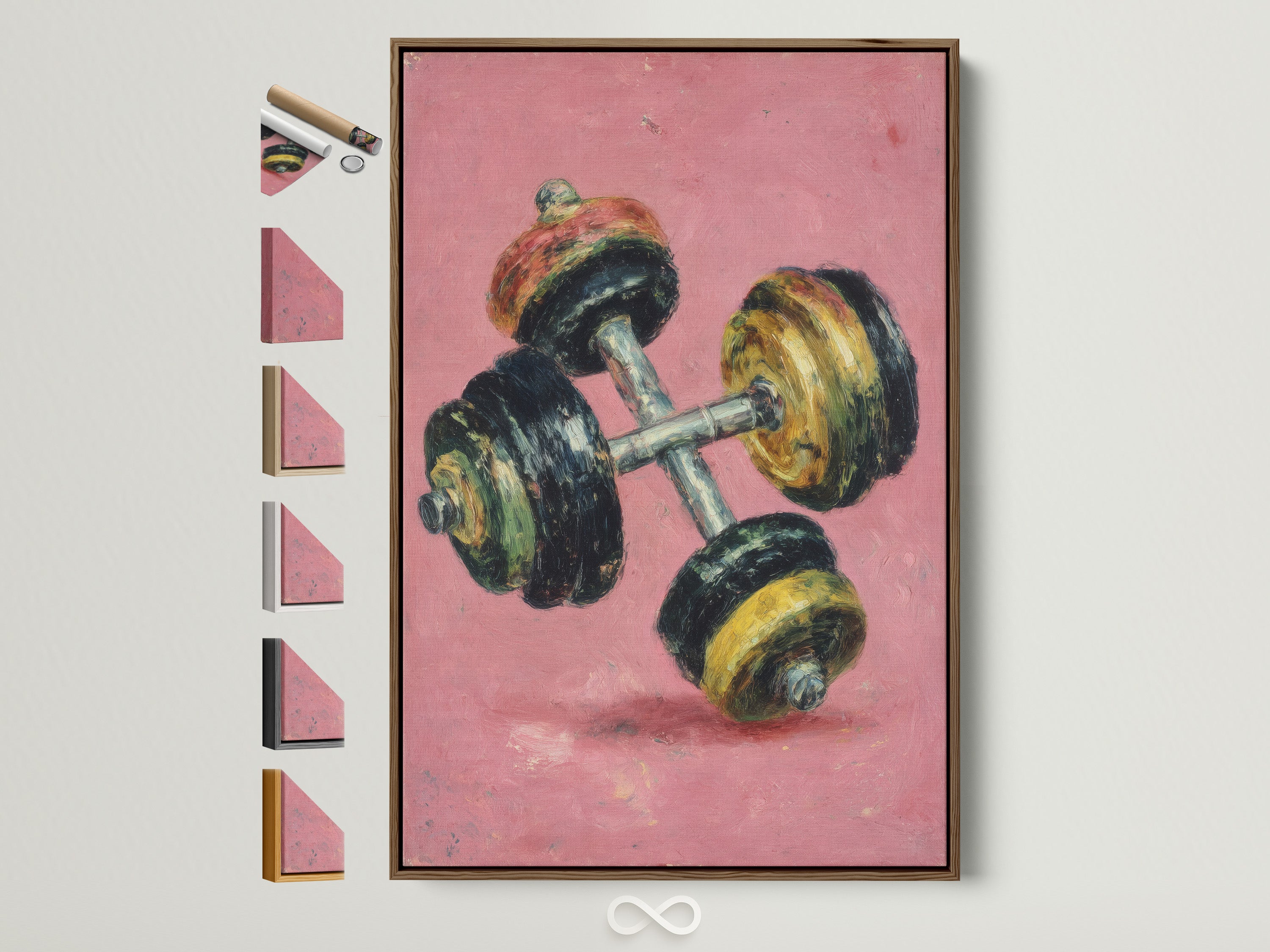 Vintage dumbbell art print displayed with a brown frame. The artwork features a mid-century style with pink and black colors. Discover framing options for retro fitness wall art. Enhance your home gym decor with motivational workout art.