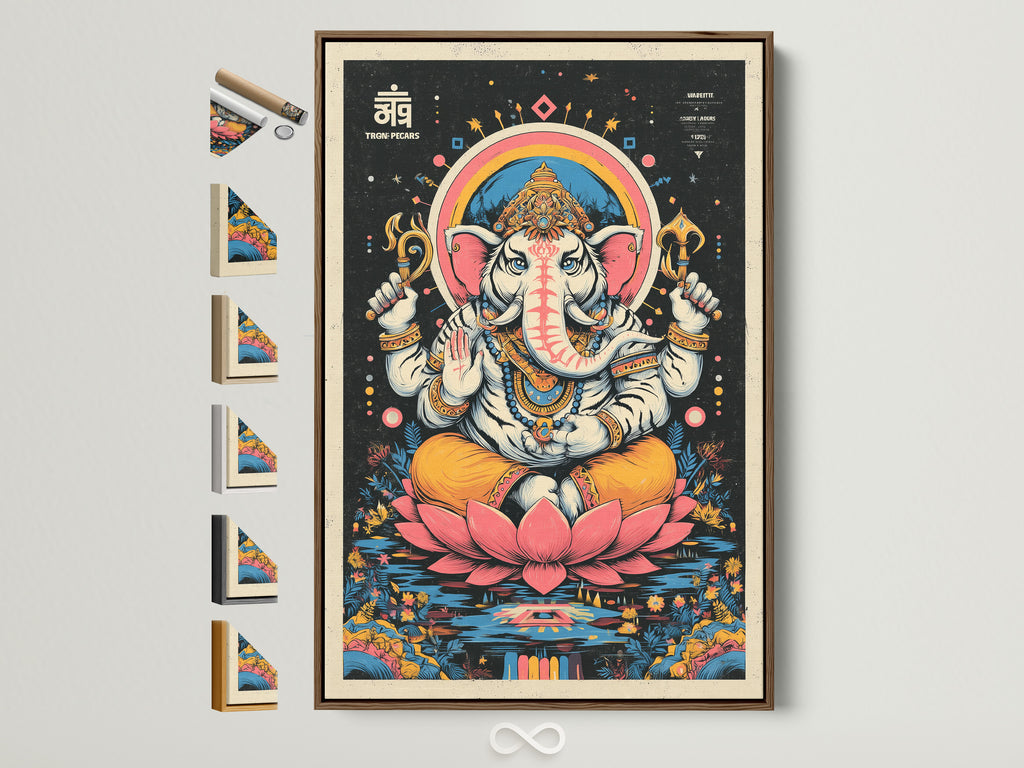 Ganesha Canvas Print in a brown frame. This Hindu God wall art is a spiritual meditation poster. Perfect for a yoga studio or eclectic home. The artwork features a pink lotus and yellow accents. All frame options are displayed on the side.