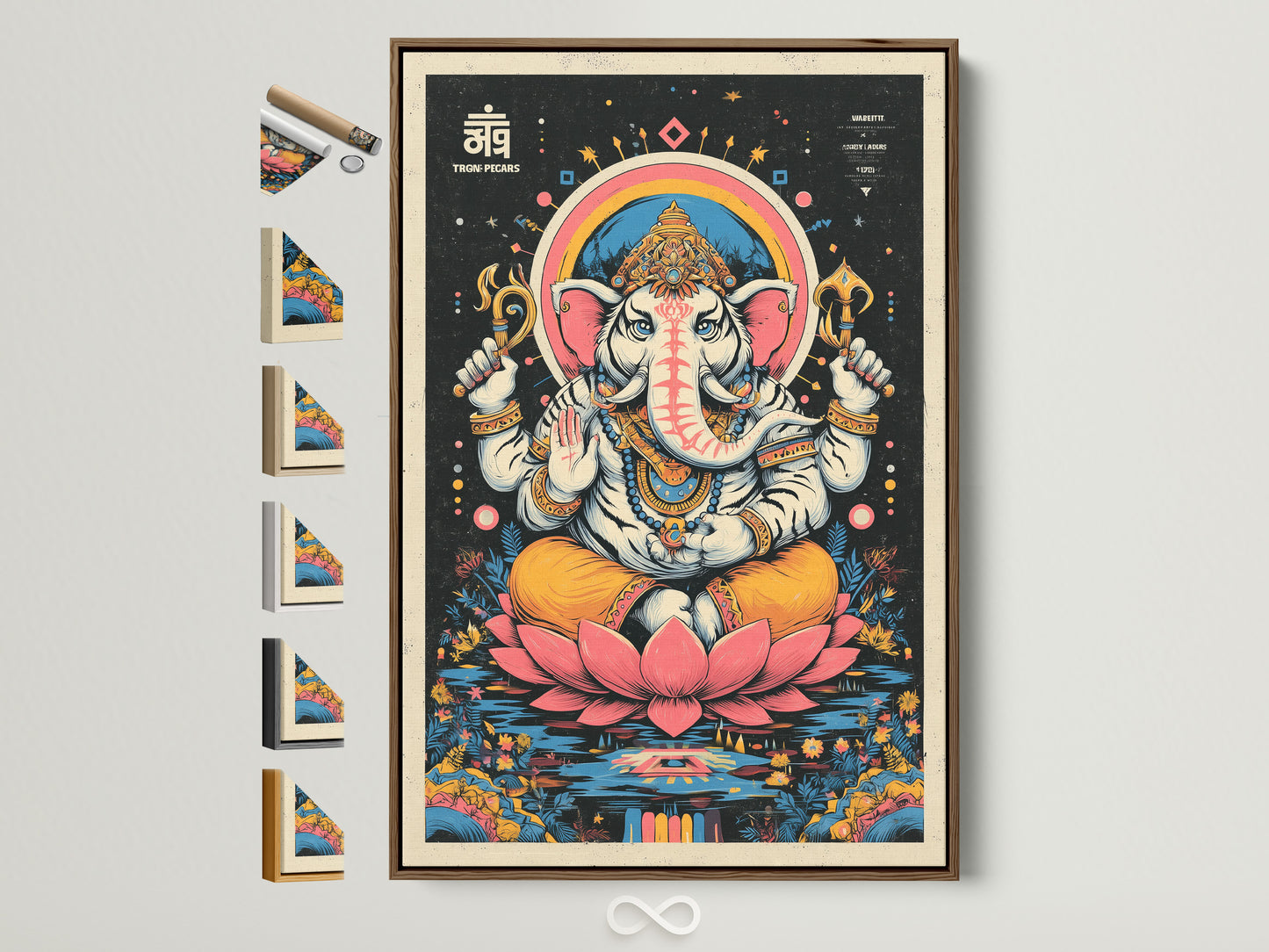 Ganesha Canvas Print in a brown frame. This Hindu God wall art is a spiritual meditation poster. Perfect for a yoga studio or eclectic home. The artwork features a pink lotus and yellow accents. All frame options are displayed on the side.