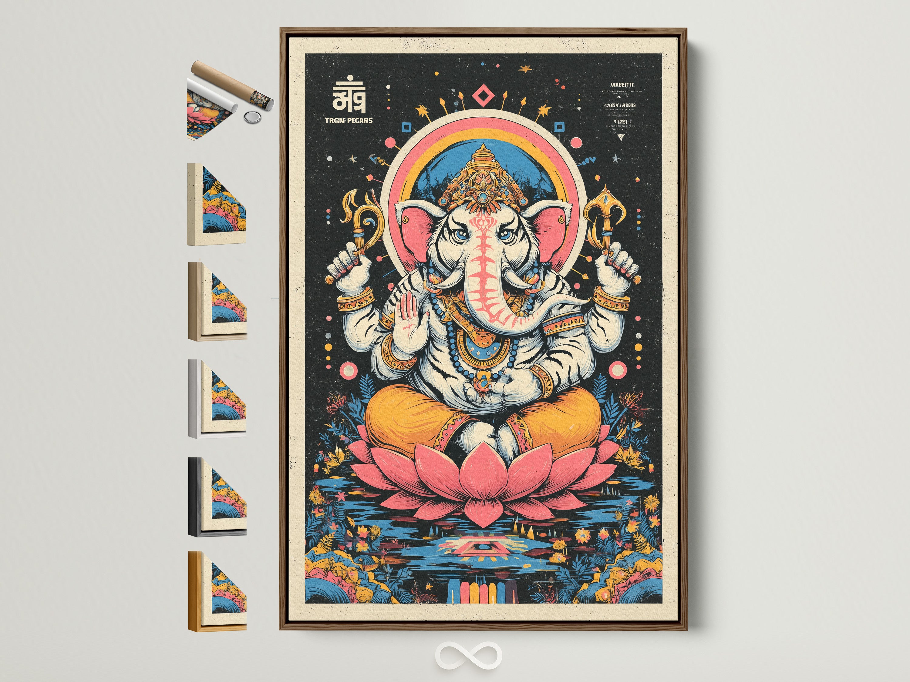 Ganesha Canvas Print in a brown frame. This Hindu God wall art is a spiritual meditation poster. Perfect for a yoga studio or eclectic home. The artwork features a pink lotus and yellow accents. All frame options are displayed on the side.