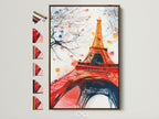 Explore framing artwork options. A brown wooden frame is presented alongside examples of other frame colors and styles. Perfect to visualize the ideal frame for your Eiffel Tower art or Paris wall art.