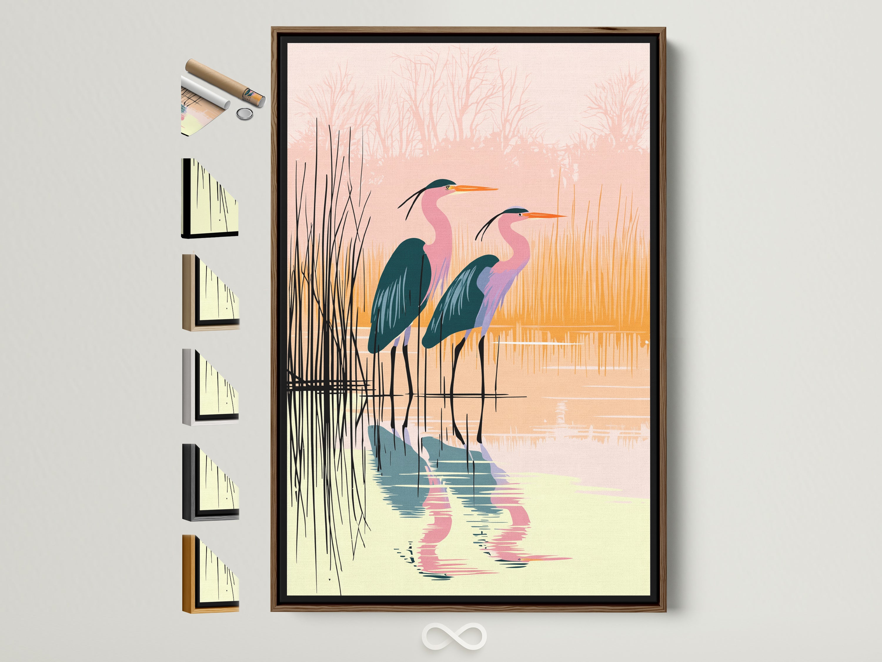 Heron bird artwork with a brown frame. See all frame options for this coastal nature artwork. Find the perfect frame to complement your pink and teal bird canvas print. Ideal for office or home decor.