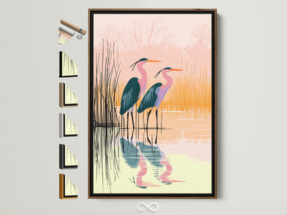 Heron bird artwork with a brown frame. See all frame options for this coastal nature artwork. Find the perfect frame to complement your pink and teal bird canvas print. Ideal for office or home decor.